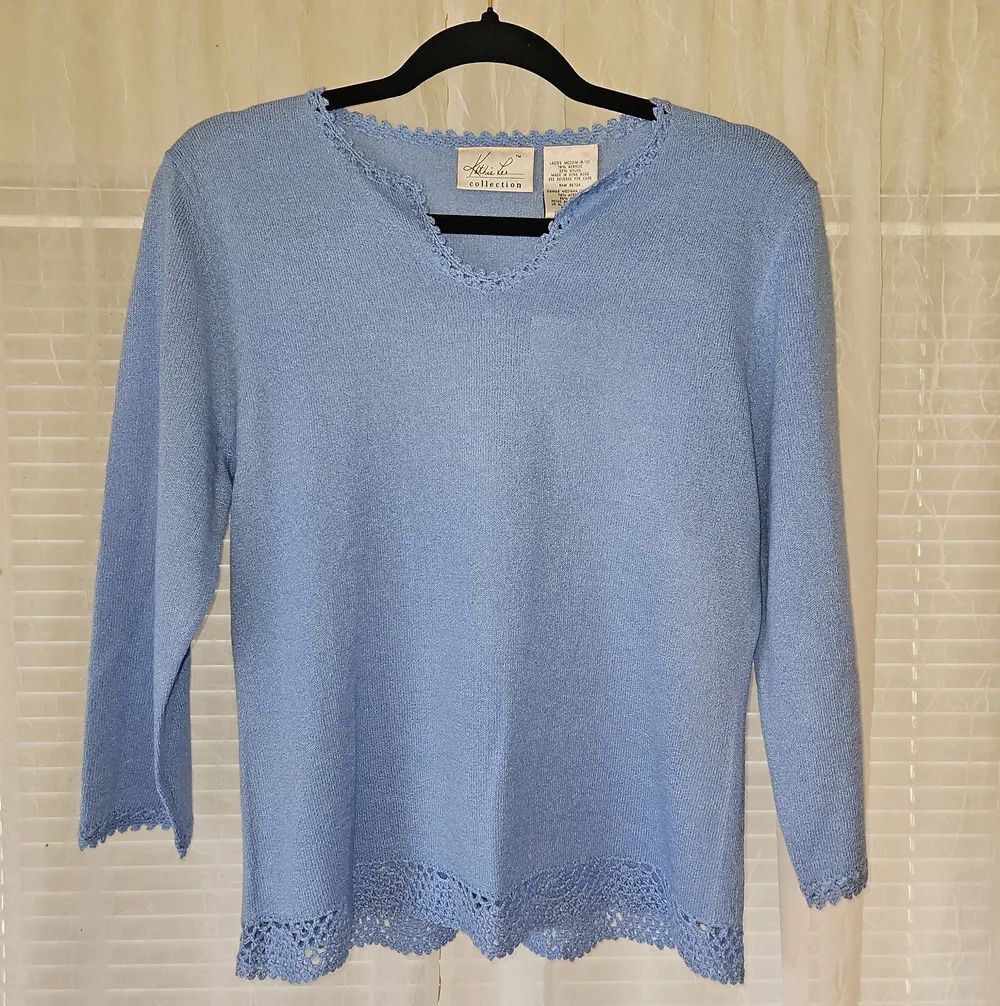 Kathie Lee Collection Puff Blue Crochet Hem Split Neck Pullover Knit Top